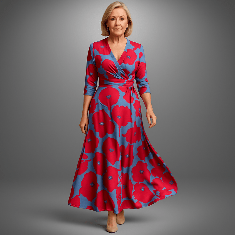 Charm Robe Midi - Floral dress with V-neck wrap and wrinkle-resistant fabric