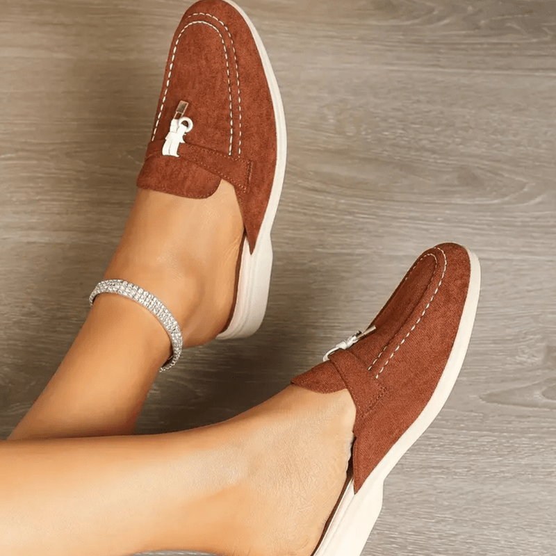 Maris Moccasins Woman – Summer Suede Effect Mules with Pompon Detail & Contrasting Stitching