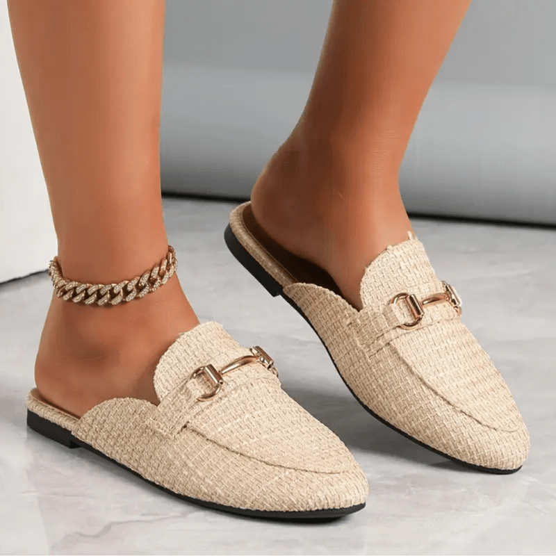 Clayde Moccasins Woman – Woven Mules Without Heel with Golden Chain & Comfort Sole