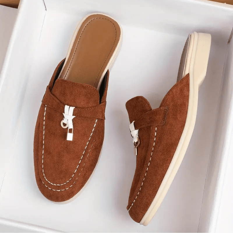 Maris Moccasins Woman – Summer Suede Effect Mules with Pompon Detail & Contrasting Stitching