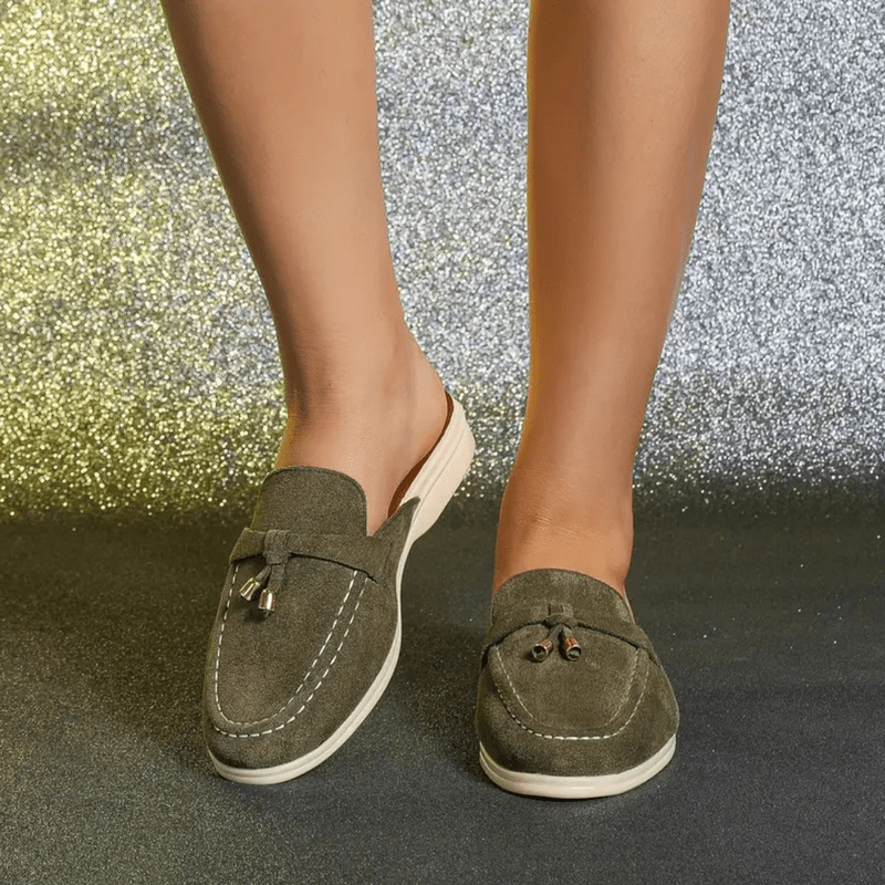 Mori Mocassins Woman – Summer Green Mules with Fringed Detail & Comfortable Sole