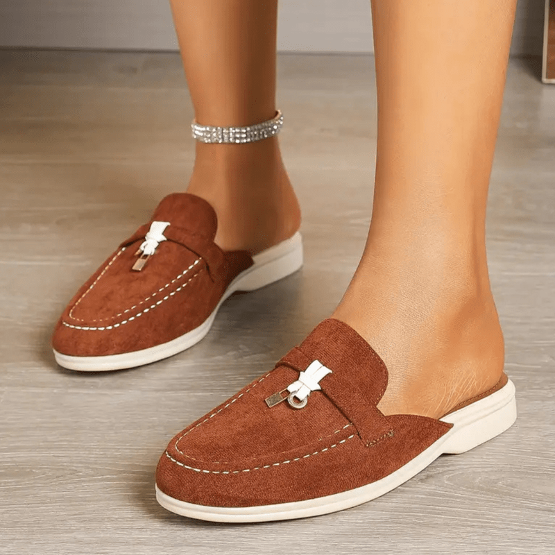 Maris Moccasins Woman – Summer Suede Effect Mules with Pompon Detail & Contrasting Stitching