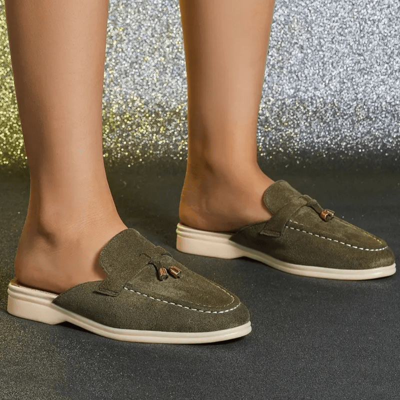 Mori Mocassins Woman – Summer Green Mules with Fringed Detail & Comfortable Sole