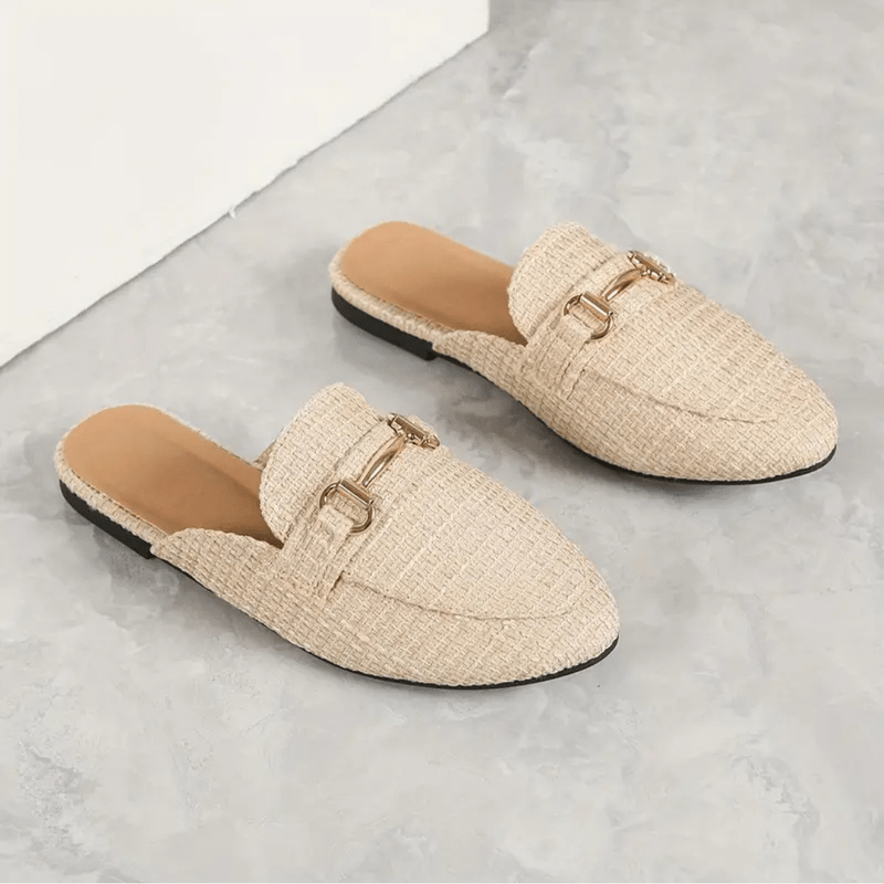 Clayde Moccasins Woman – Woven Mules Without Heel with Golden Chain & Comfort Sole