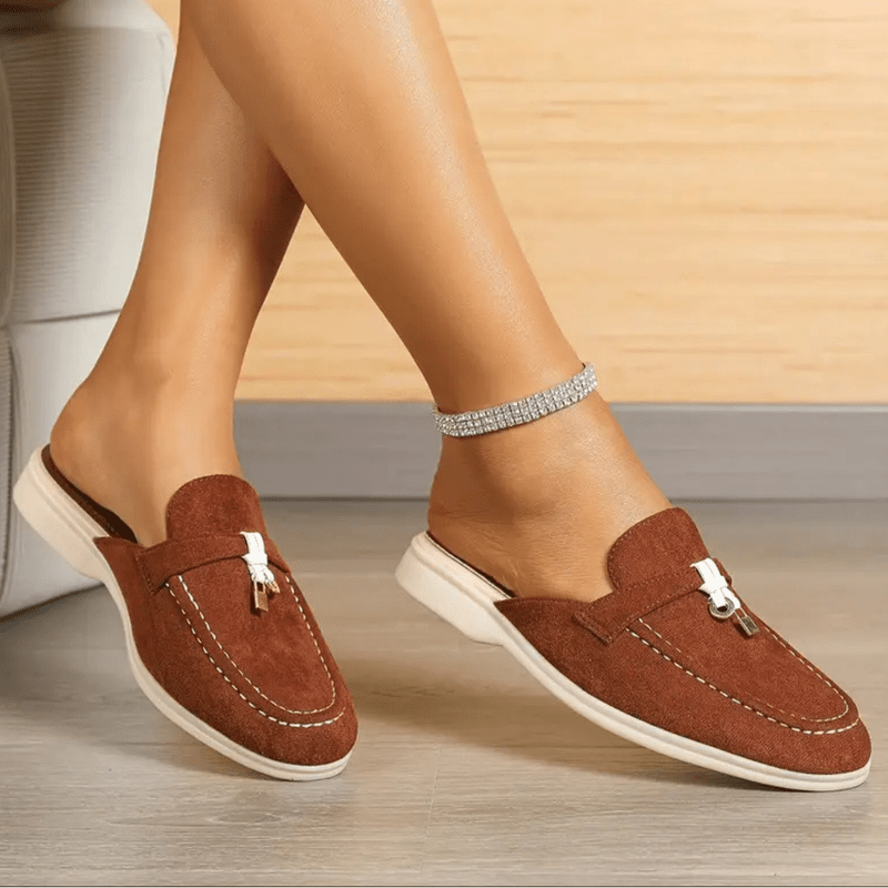 Maris Moccasins Woman – Summer Suede Effect Mules with Pompon Detail & Contrasting Stitching