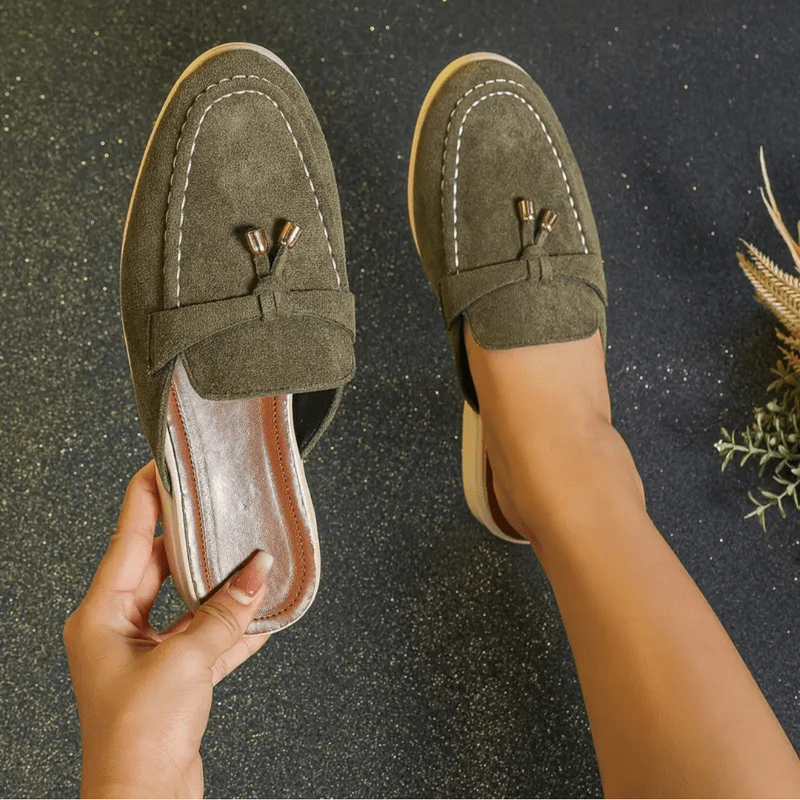 Mori Mocassins Woman – Summer Green Mules with Fringed Detail & Comfortable Sole