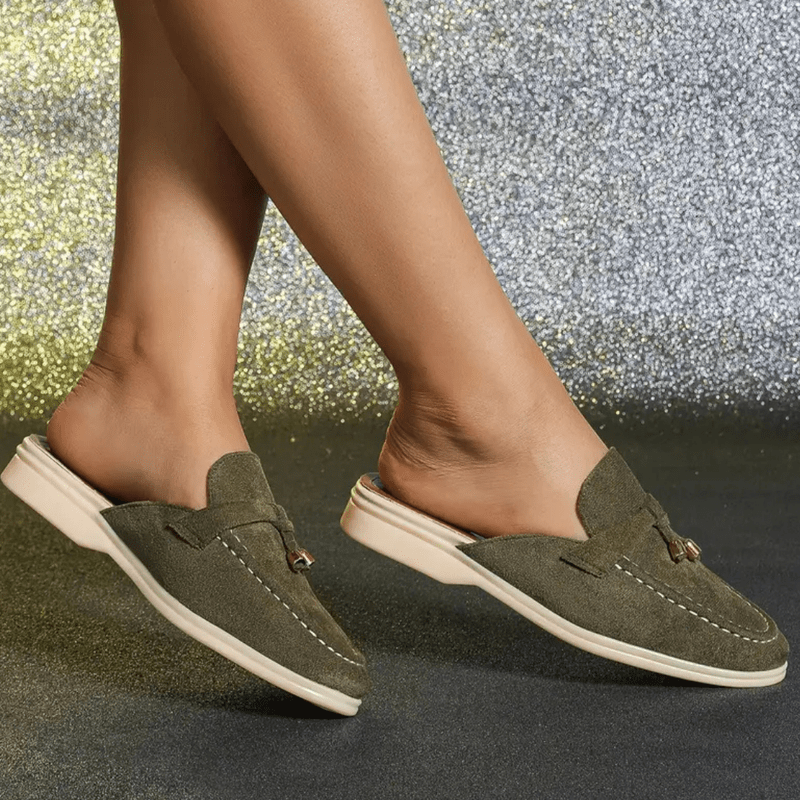 Mori Mocassins Woman – Summer Green Mules with Fringed Detail & Comfortable Sole