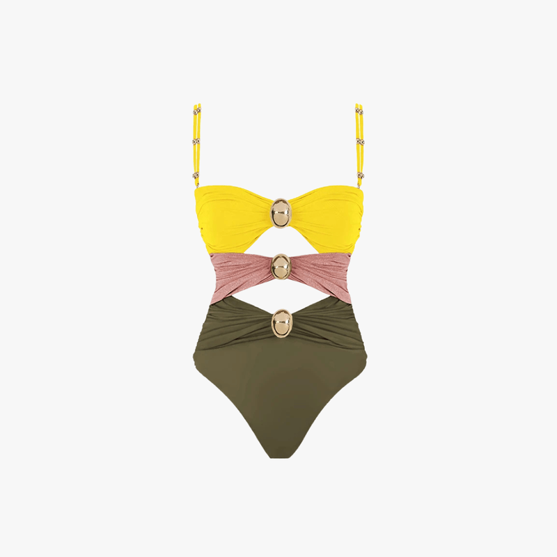 Issa Women's Swimsuit – One-Piece Cutout with Gold Rings & Colorblock Design