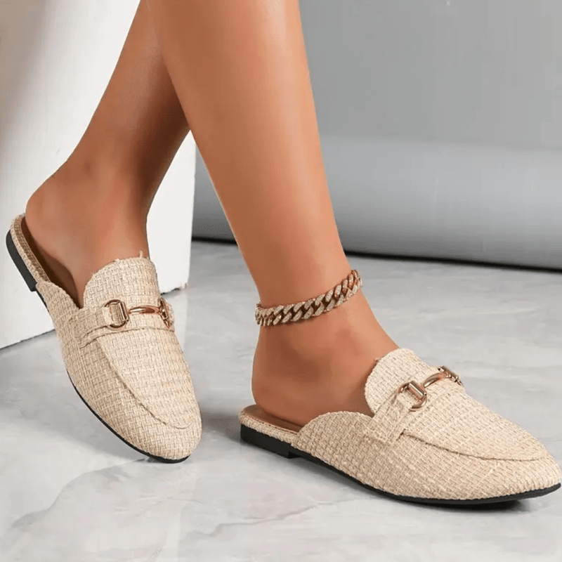Clayde Moccasins Woman – Woven Mules Without Heel with Golden Chain & Comfort Sole
