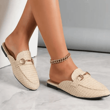 Clayde Moccasins Woman – Woven Mules Without Heel with Golden Chain & Comfort Sole