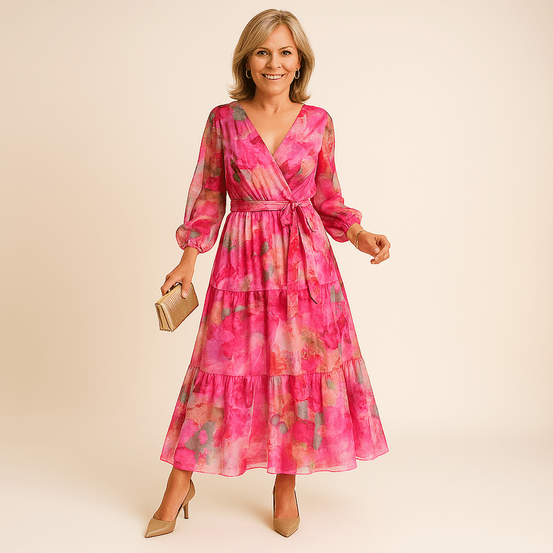 Elise Long Dress for Women - Tailored collar with abstract print, belt and long sleeves for events
