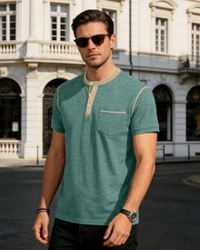 Manny Henley T-Shirt Men – Buttoned Collar Color Block Casual Summer T-Shirt