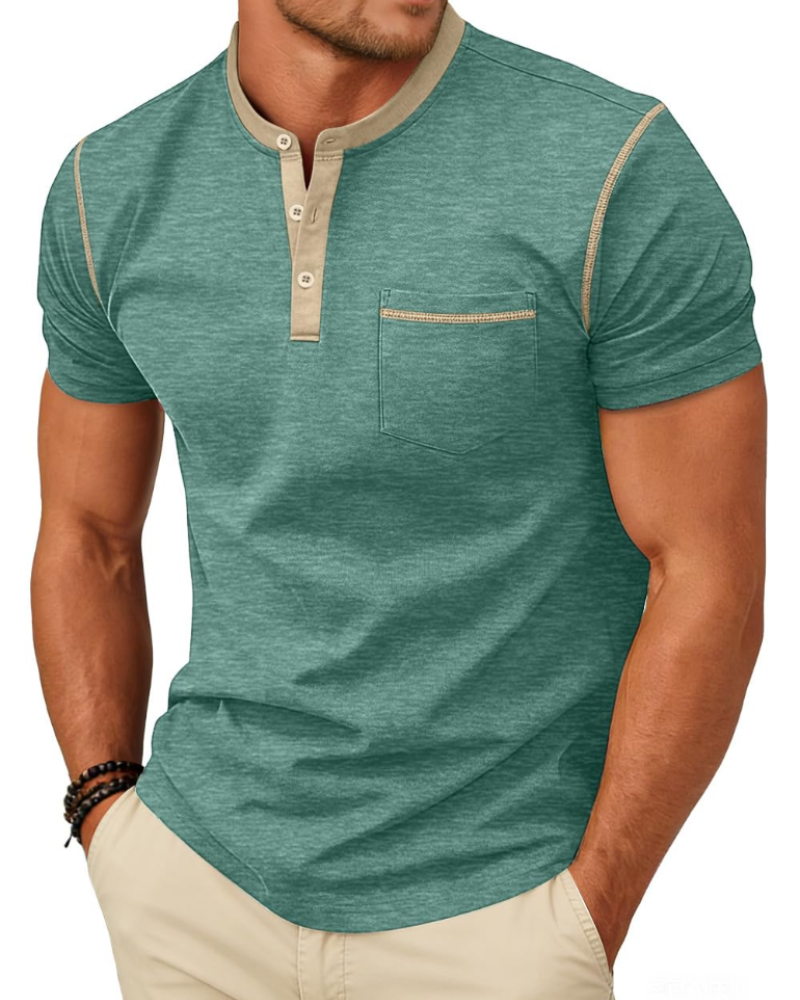 Manny Henley T-Shirt Men – Buttoned Collar Color Block Casual Summer T-Shirt
