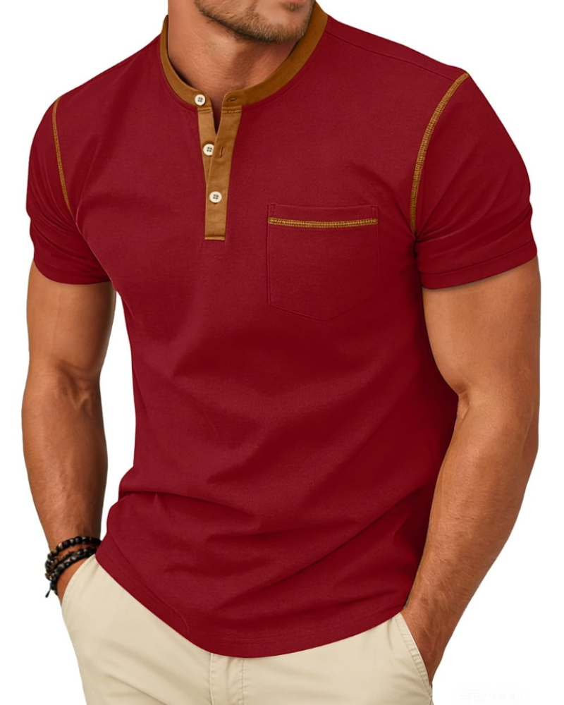 Manny Henley T-Shirt Men – Buttoned Collar Color Block Casual Summer T-Shirt