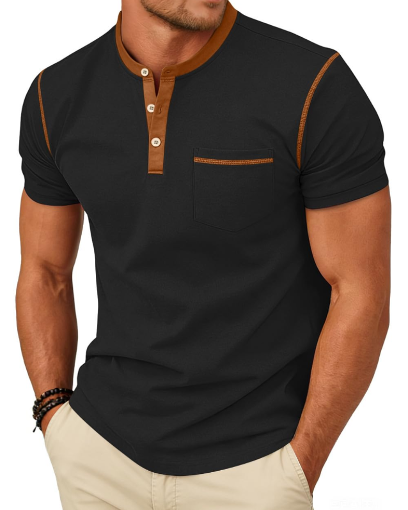 Manny Henley T-Shirt Men – Buttoned Collar Color Block Casual Summer T-Shirt