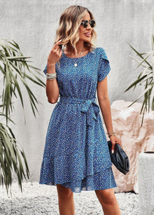 Annabel Summer Dress Women – Light Floral Dress with V-Neckline, Waist Belt & Short Sleeves