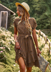 Annabel Summer Dress Women – Light Floral Dress with V-Neckline, Waist Belt & Short Sleeves