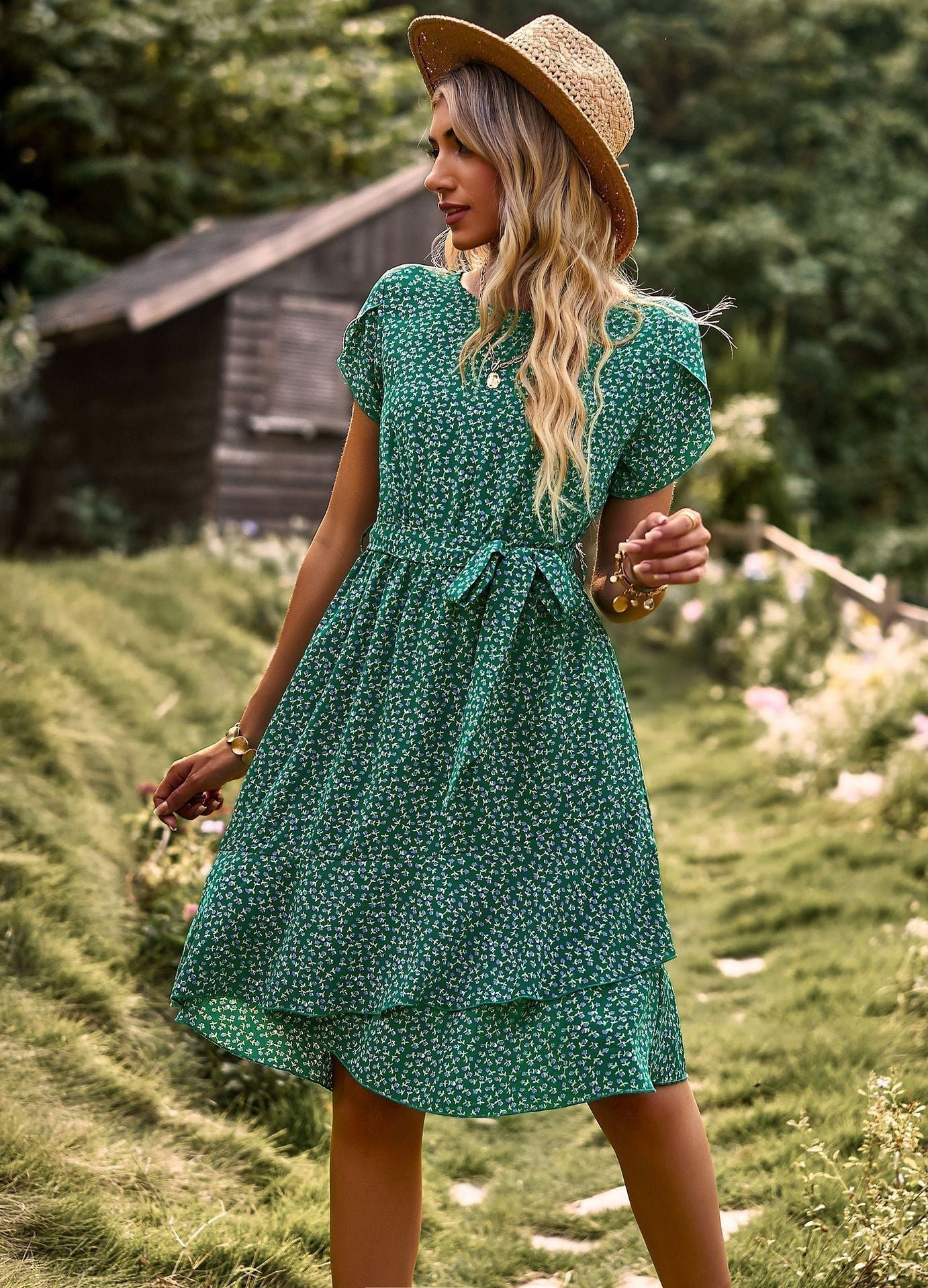 Annabel Summer Dress Women – Light Floral Dress with V-Neckline, Waist Belt & Short Sleeves