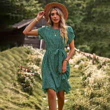 Annabel Summer Dress Women – Light Floral Dress with V-Neckline, Waist Belt & Short Sleeves