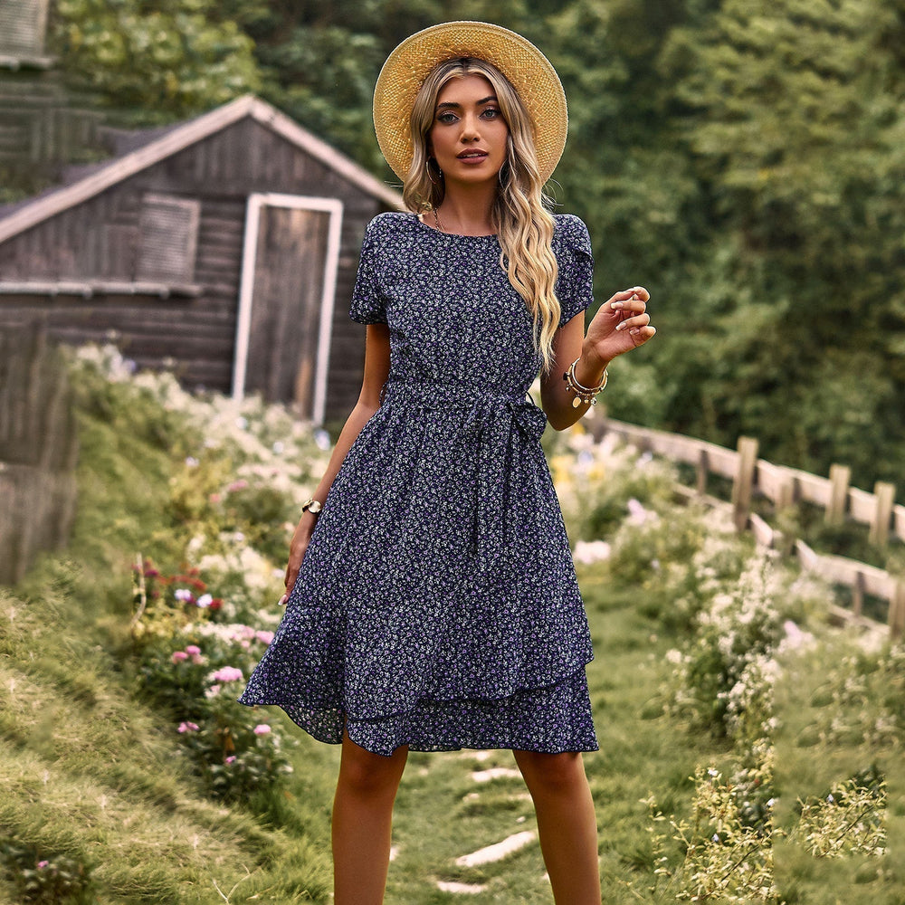Annabel Summer Dress Women – Light Floral Dress with V-Neckline, Waist Belt & Short Sleeves