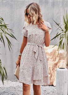 Annabel Summer Dress Women – Light Floral Dress with V-Neckline, Waist Belt & Short Sleeves