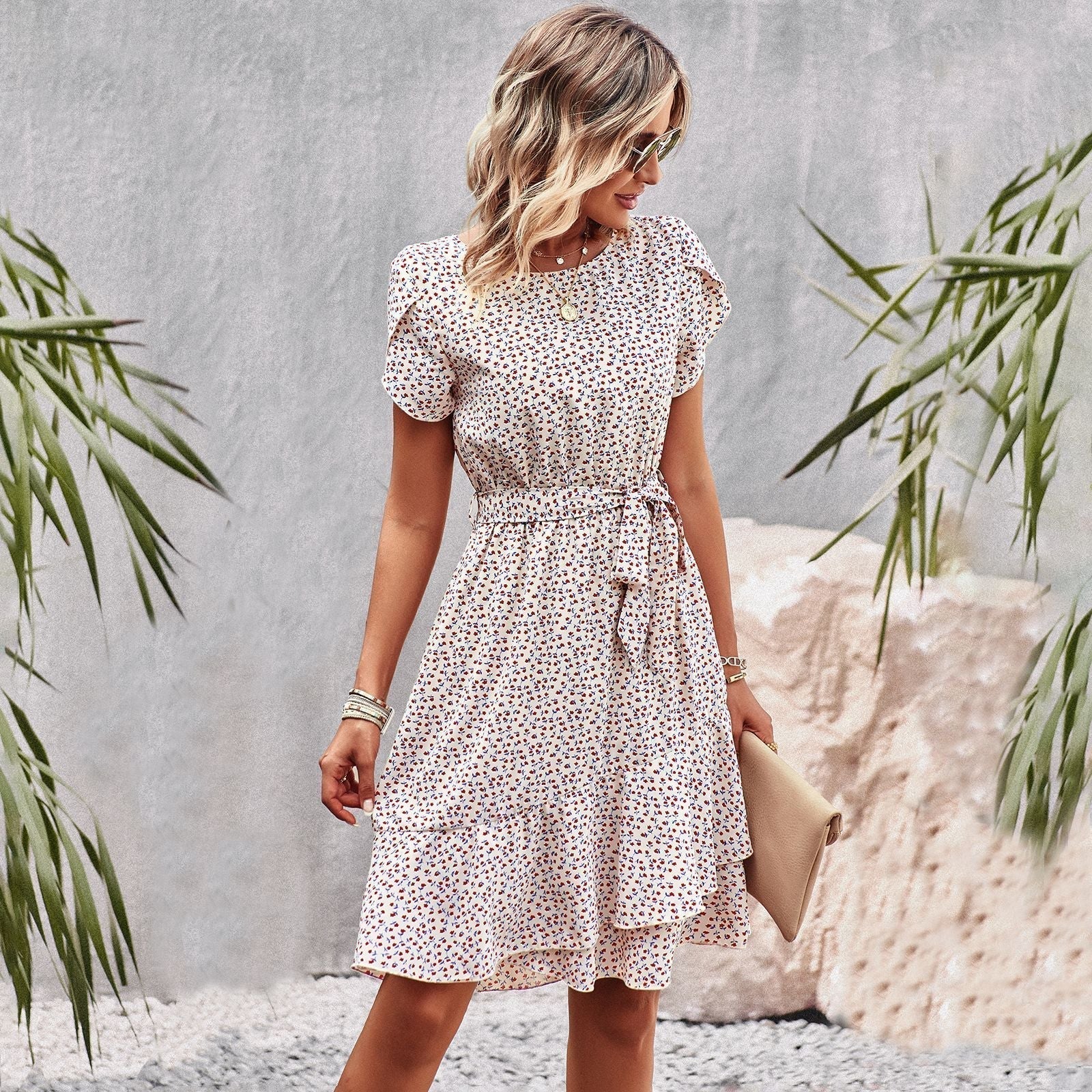 Annabel Summer Dress Women – Light Floral Dress with V-Neckline, Waist Belt & Short Sleeves