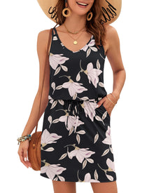 Ursula Women's Dress – V-Neck, Thin Straps, Mini Cut & Adjustable Waist with Pockets Summer