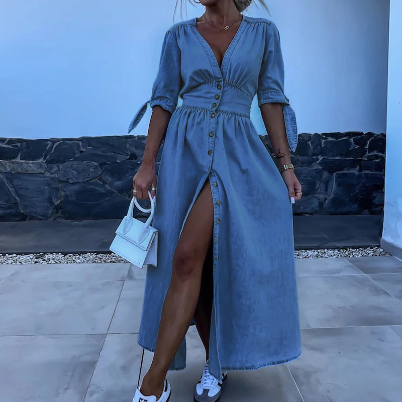 Jane Jean Dress Women – Long Denim Dress with Buttons & Casual Feminine Look