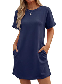 Lewina Women's Robe – Round Neck, Short Sleeves, A-Line Mini Cut & Solid Pockets Summer