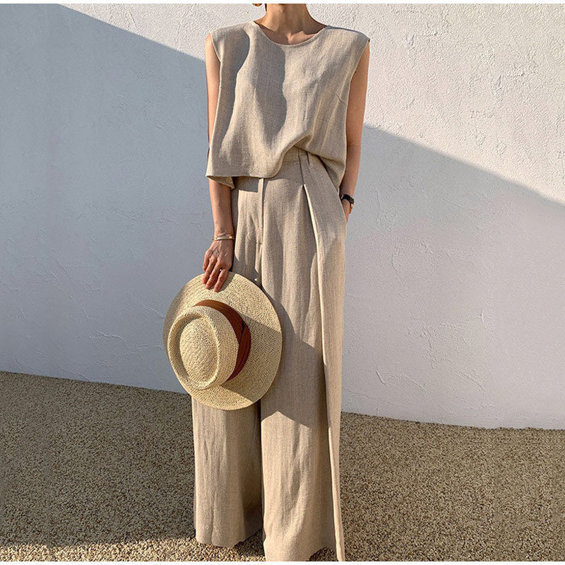Aubree Women's Linen Set – Wide Pants & Round Neck Top, Light Summer Comfort