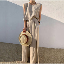 Aubree Women's Linen Set – Wide Pants & Round Neck Top, Light Summer Comfort