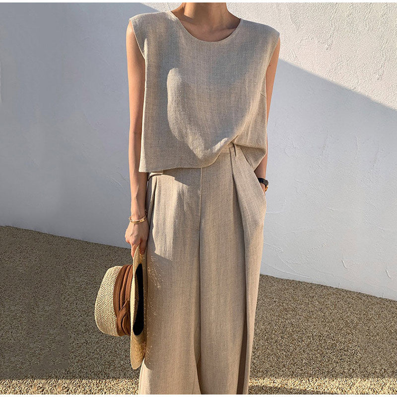 Aubree Women's Linen Set – Wide Pants & Round Neck Top, Light Summer Comfort