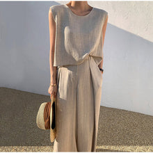 Aubree Women's Linen Set – Wide Pants & Round Neck Top, Light Summer Comfort