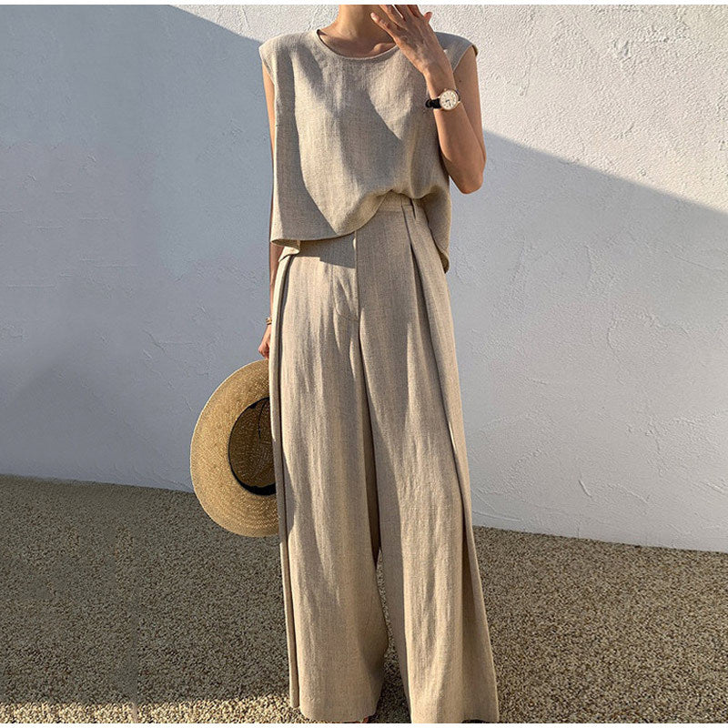 Aubree Women's Linen Set – Wide Pants & Round Neck Top, Light Summer Comfort