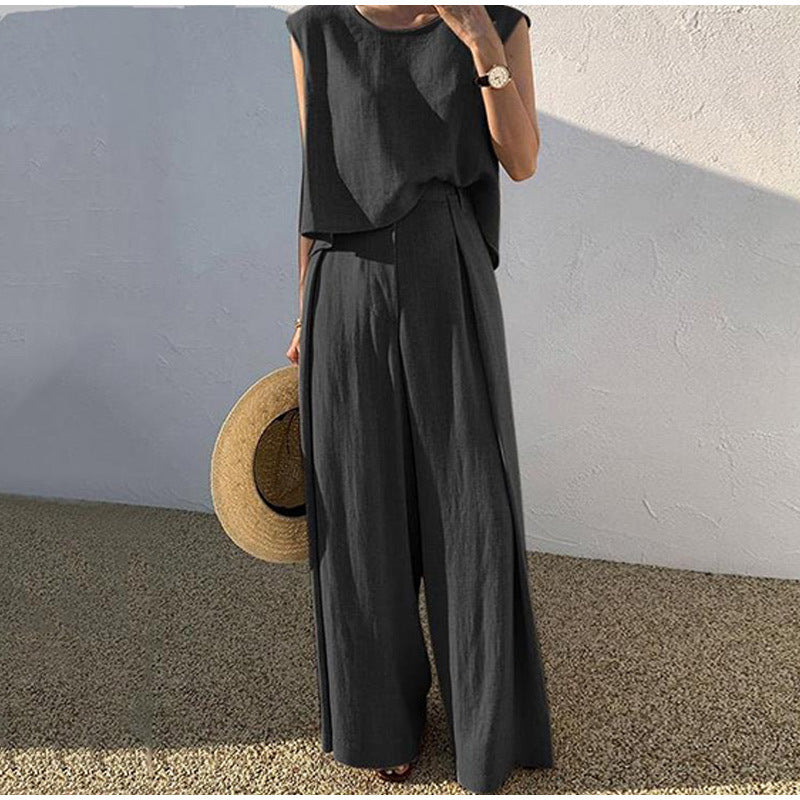 Aubree Women's Linen Set – Wide Pants & Round Neck Top, Light Summer Comfort