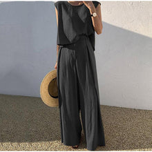 Aubree Women's Linen Set – Wide Pants & Round Neck Top, Light Summer Comfort