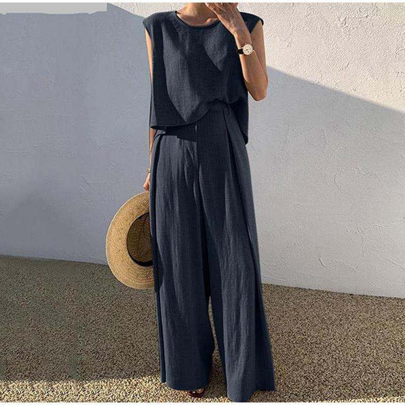 Aubree Women's Linen Set – Wide Pants & Round Neck Top, Light Summer Comfort