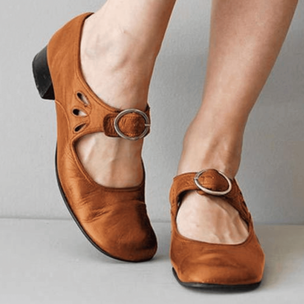Raianne Women's Shoes - Genuine Leather, Round Toe, Low Block Heel, Buckle Strap - Vintage Style for All Occasions
