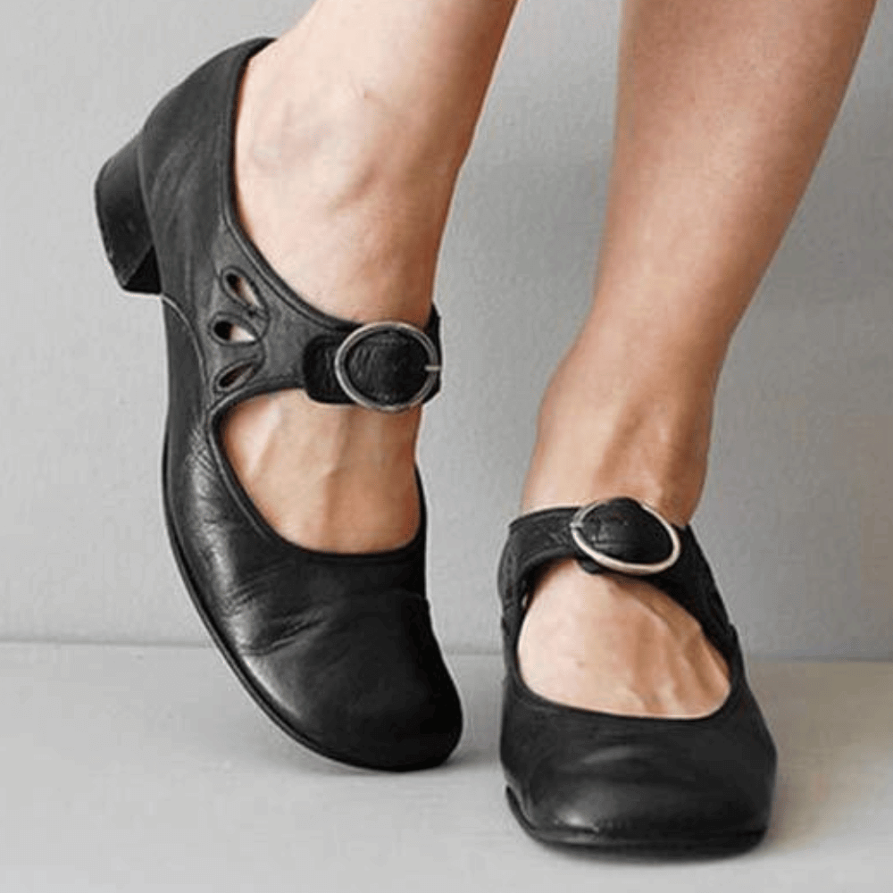 Raianne Women's Shoes - Genuine Leather, Round Toe, Low Block Heel, Buckle Strap - Vintage Style for All Occasions
