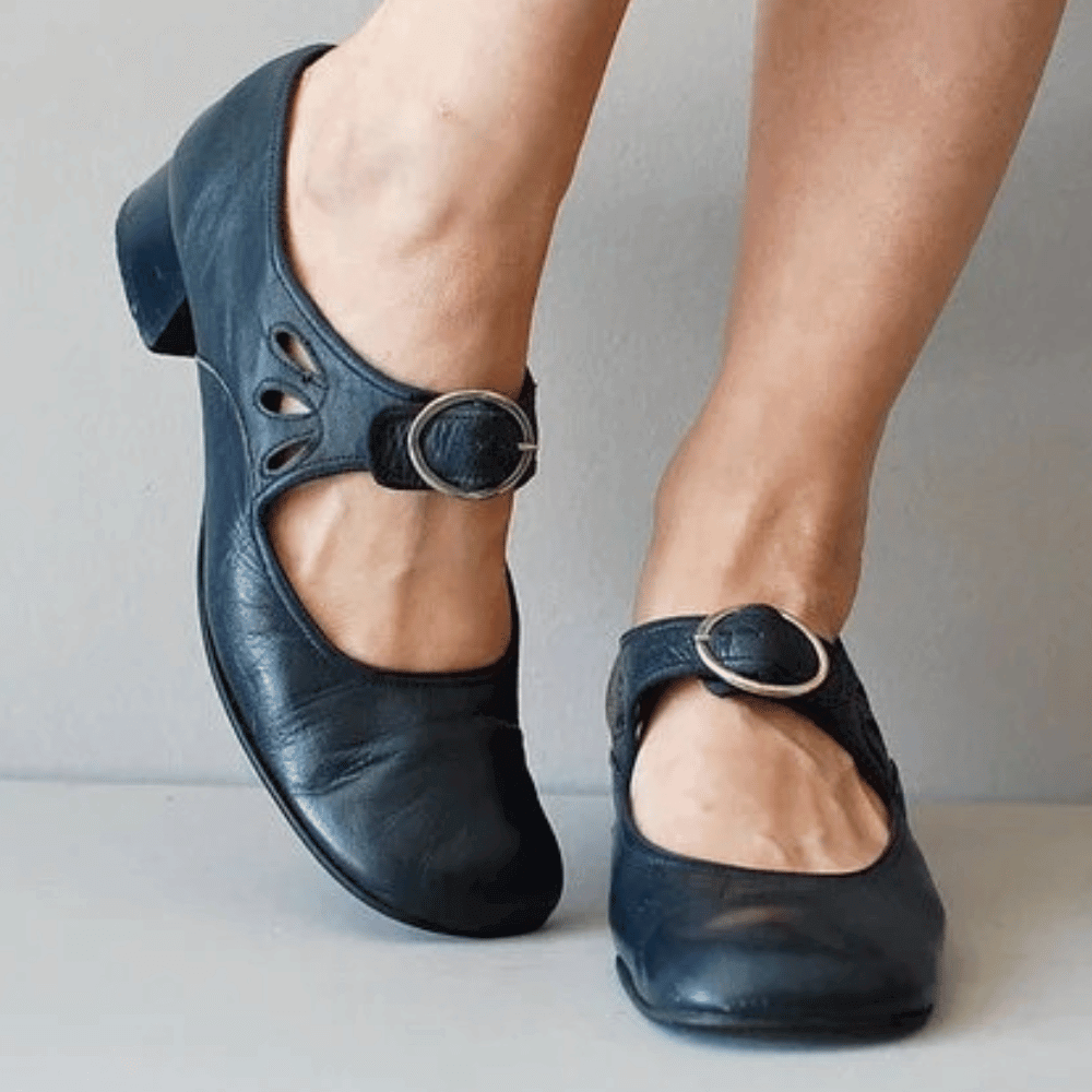 Raianne Women's Shoes - Genuine Leather, Round Toe, Low Block Heel, Buckle Strap - Vintage Style for All Occasions