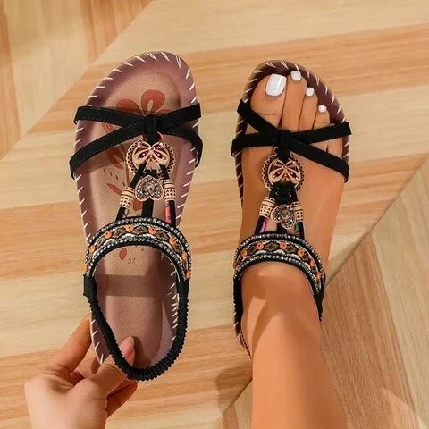 Lainey Women's Sandals – Elegant Boho Sandals with Flat Sole and Natural Ethnic Look