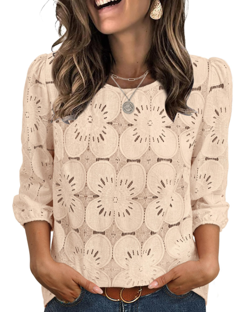 Nolia Women's Blouse – Eyelet Top with Voluminous 3/4 Sleeves, Elegant Casual Chic Style