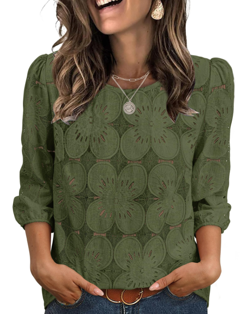 Nolia Women's Blouse – Eyelet Top with Voluminous 3/4 Sleeves, Elegant Casual Chic Style