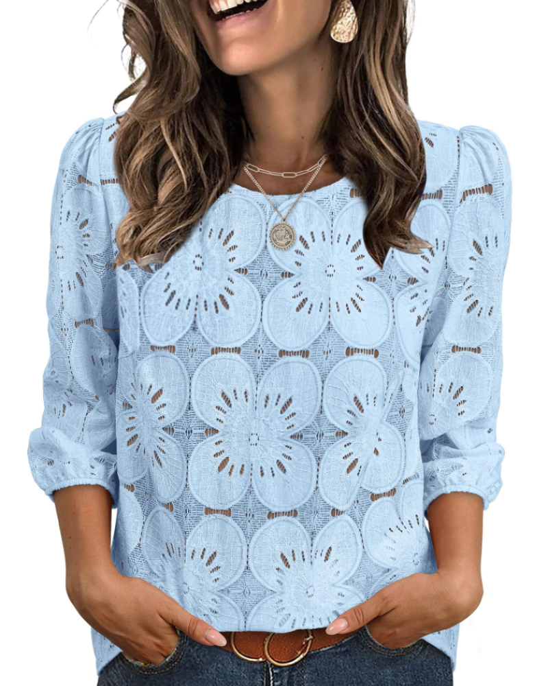 Nolia Women's Blouse – Eyelet Top with Voluminous 3/4 Sleeves, Elegant Casual Chic Style