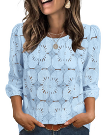 Nolia Women's Blouse – Eyelet Top with Voluminous 3/4 Sleeves, Elegant Casual Chic Style