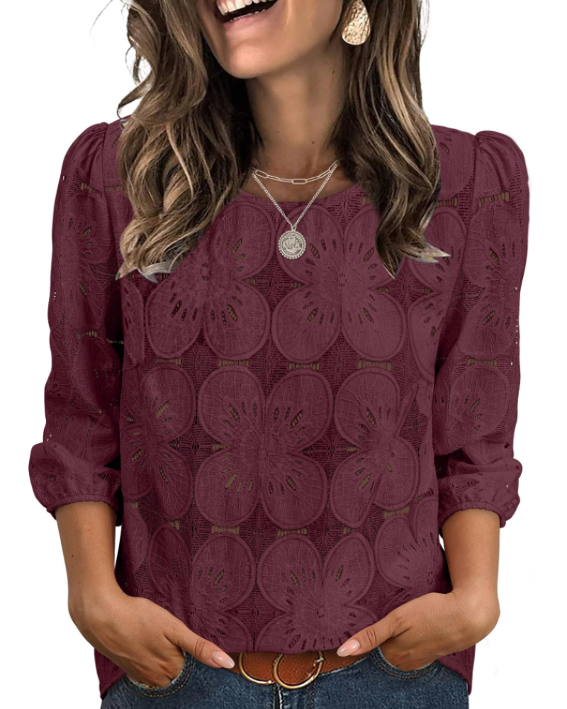 Nolia Women's Blouse – Eyelet Top with Voluminous 3/4 Sleeves, Elegant Casual Chic Style