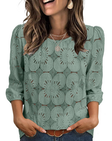 Nolia Women's Blouse – Eyelet Top with Voluminous 3/4 Sleeves, Elegant Casual Chic Style