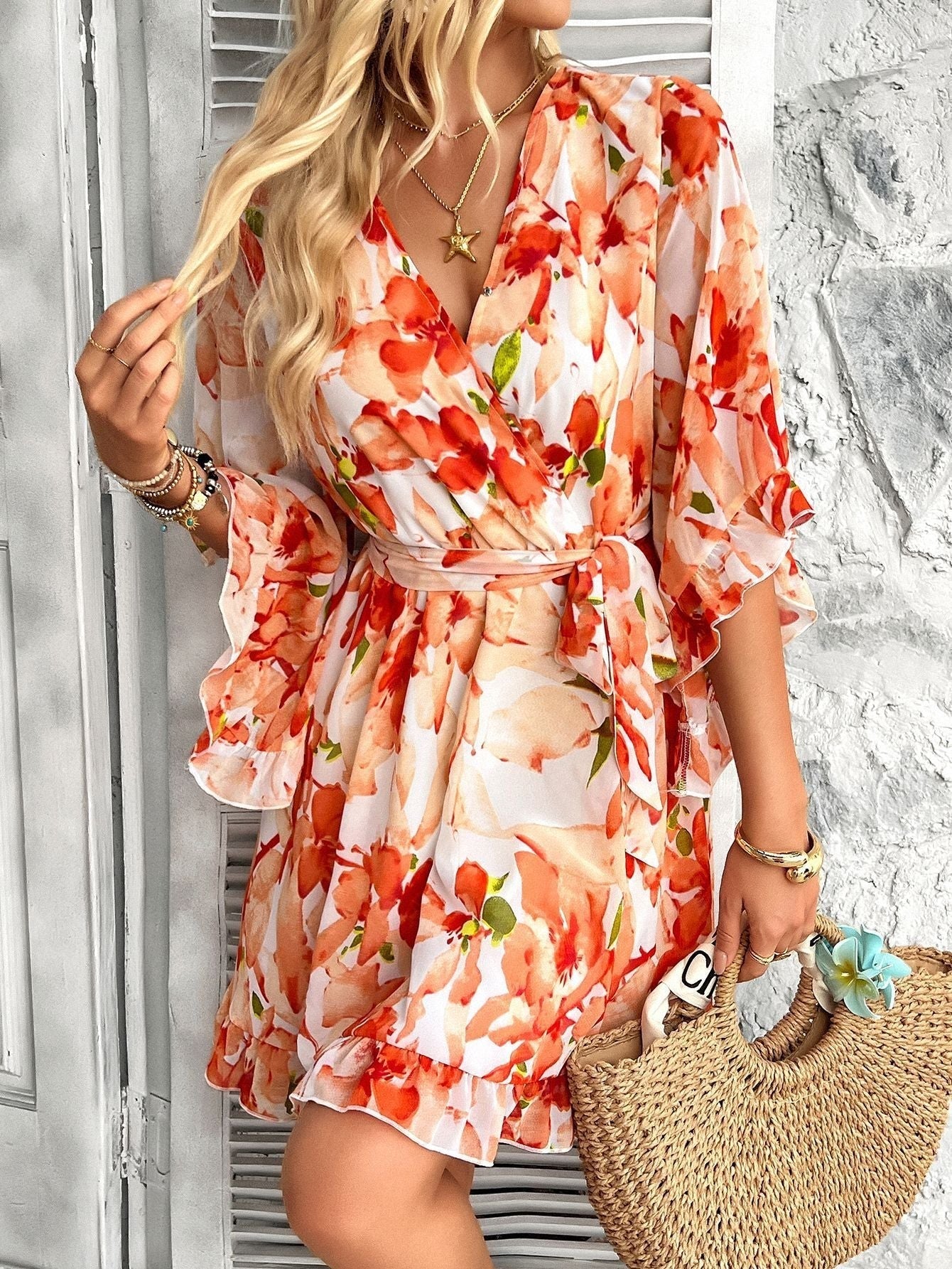 Emily Robe Wallet Woman – Light Dress with Floral Print with Adjustable Belt & Ruffles