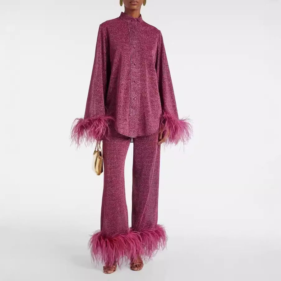 Women's Set Laila – Elegant Two-Piece Set with Feather Collar & Loose Fit