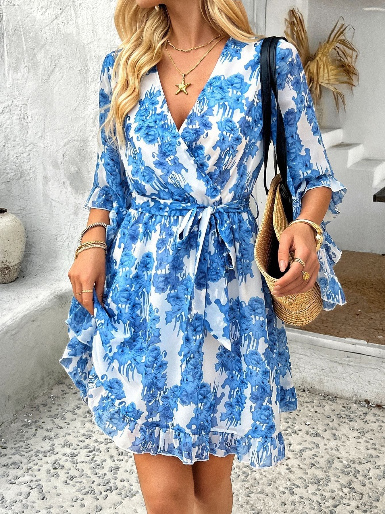 Emily Robe Wallet Woman – Light Dress with Floral Print with Adjustable Belt & Ruffles